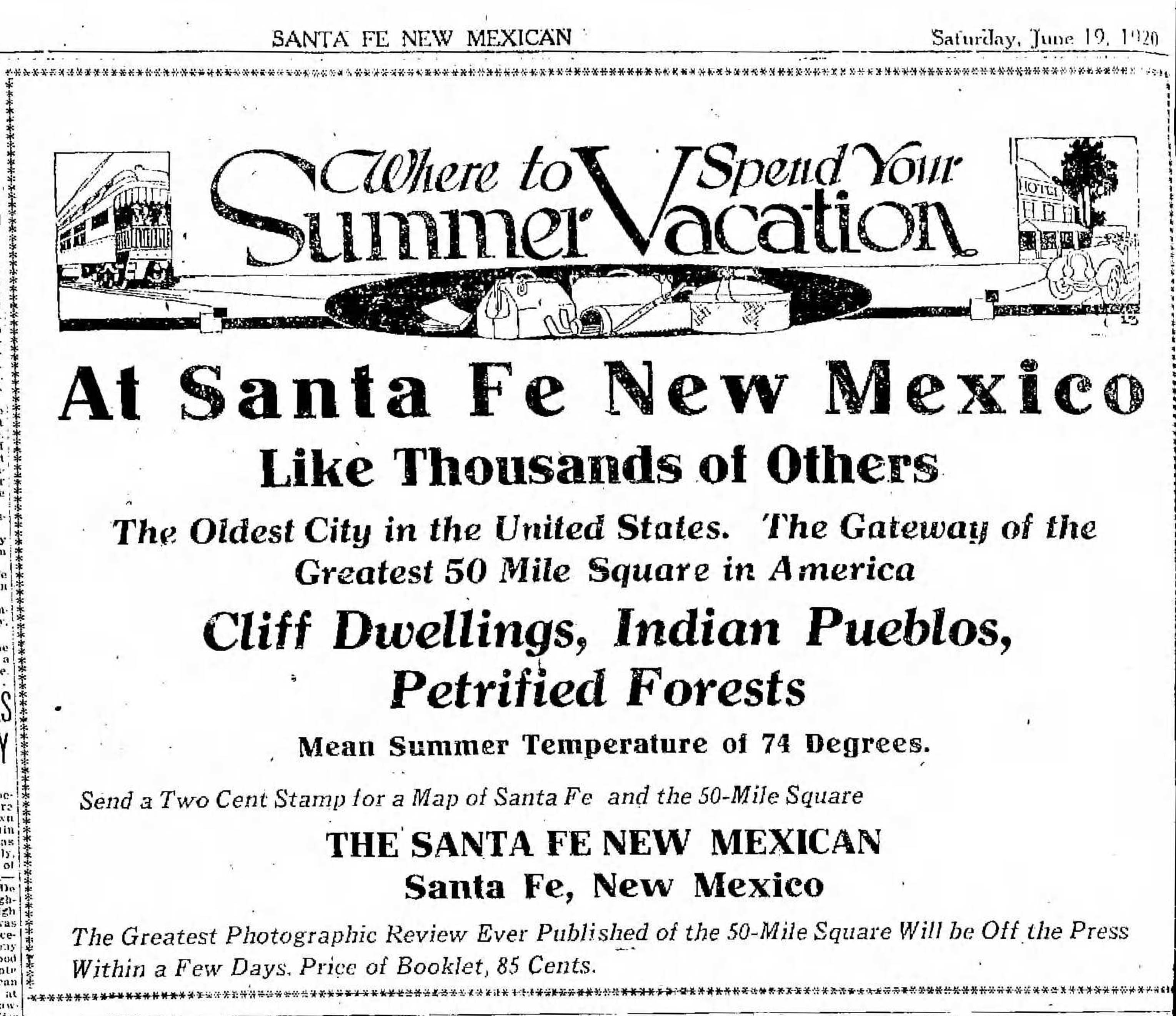 An ad from the Santa Fe New Mexican, June 19th, 1920.