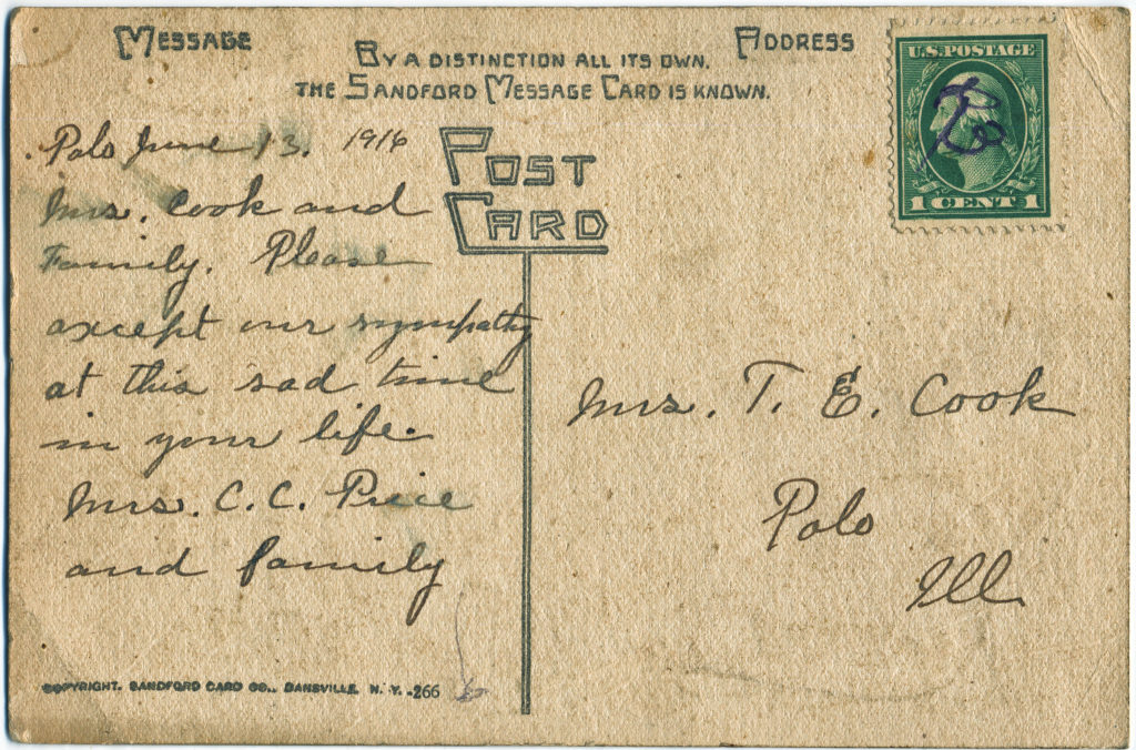 Sympathy Card - Polo, IL - 1916