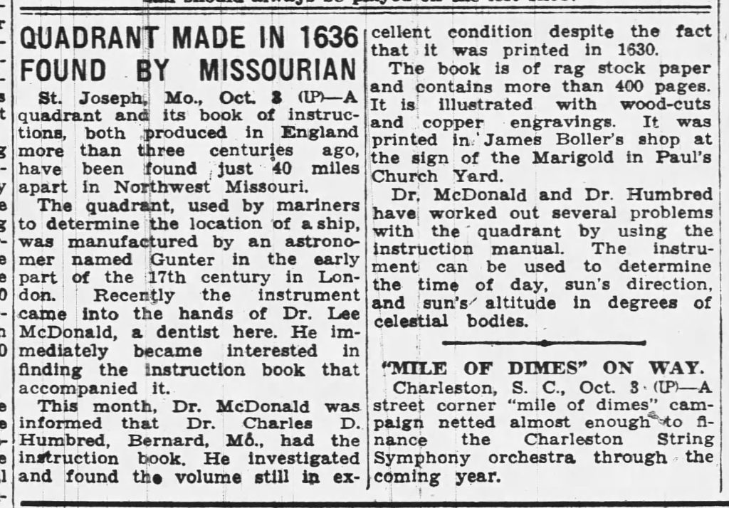 Original Gunter's quadrant found, 1940