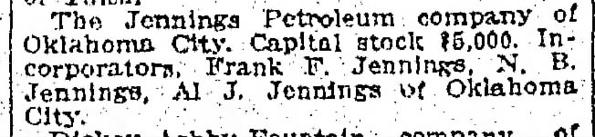 Jennings Petroleum incorporation announcement; Daily Oklahoman; 29 Aug 1914, p. 10