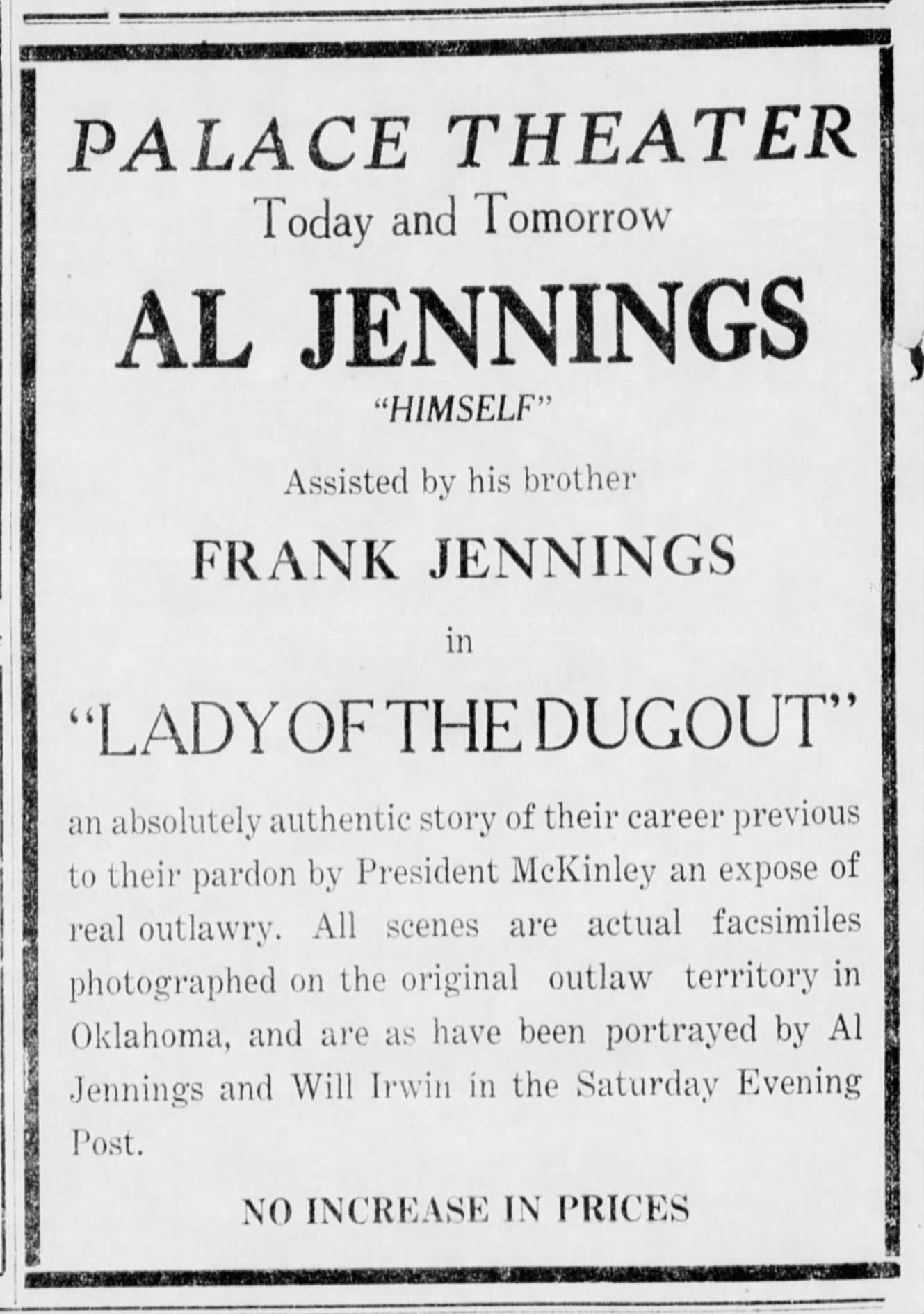 Newspaper ad for "Lady of the Dugout"; The Daily Ardmoreite; 12 Jan 1919, p. 6