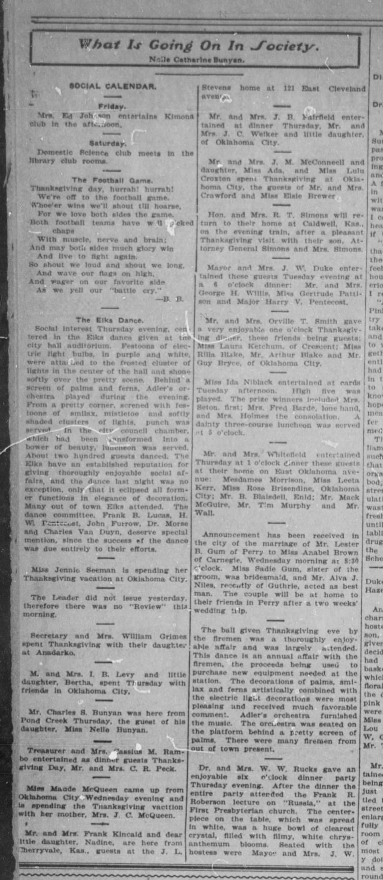 An early Nelle Catherine Bunyan society article; Guthrie Daily Leader, 1 Dec 1905, p. 5 