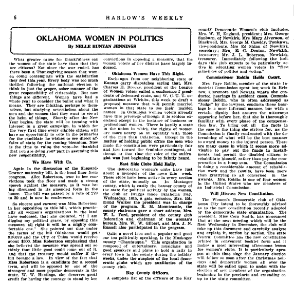 "Oklahoma Women In Politics"; Harlow's Weekly; Vol. 20-21; 1921