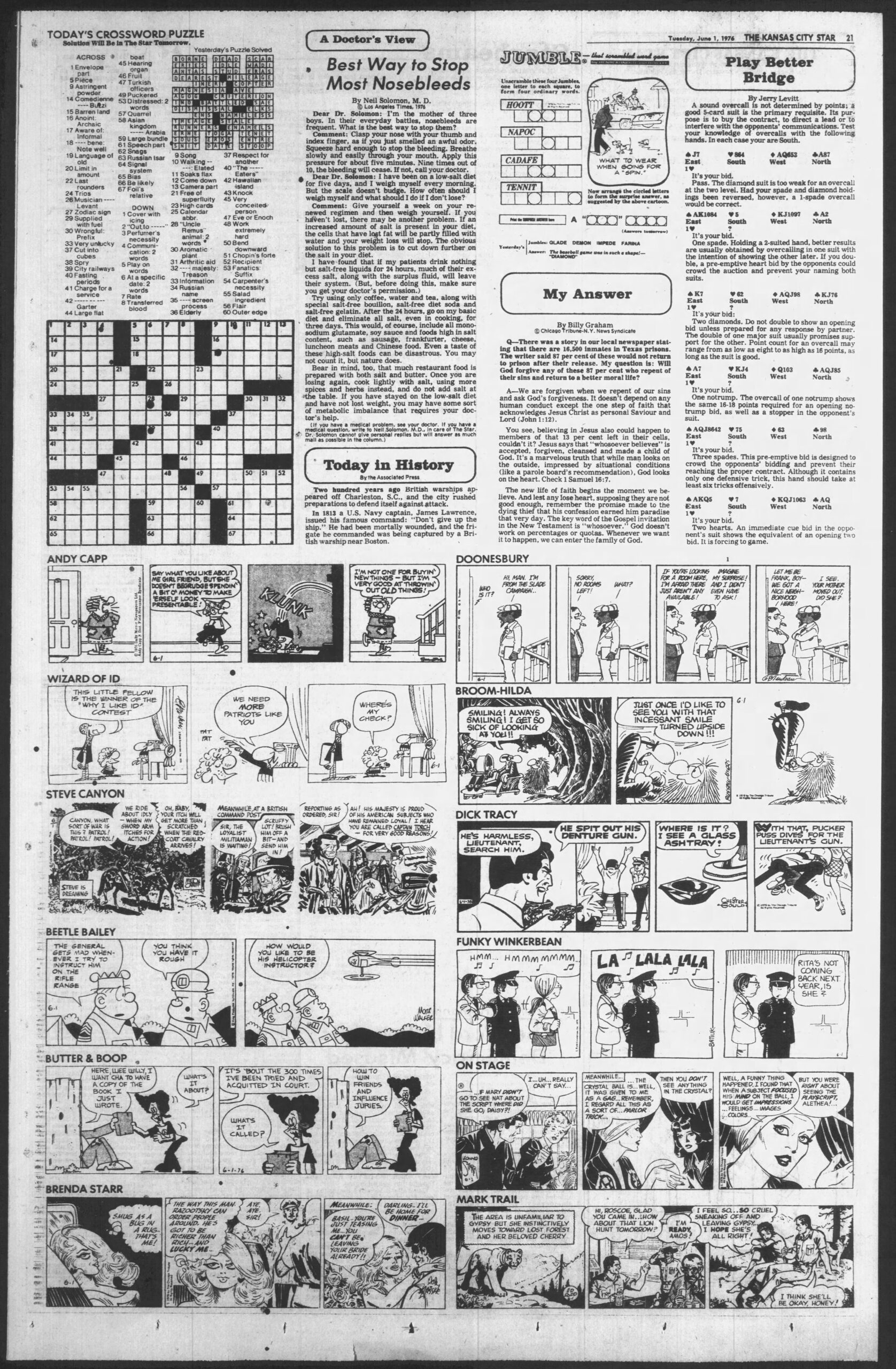 Kansas City Star puzzle page and comics from 1 June 1976